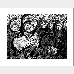 Boat In The Night / Psychedelic Abstract Stormy Sea (White) Posters and Art